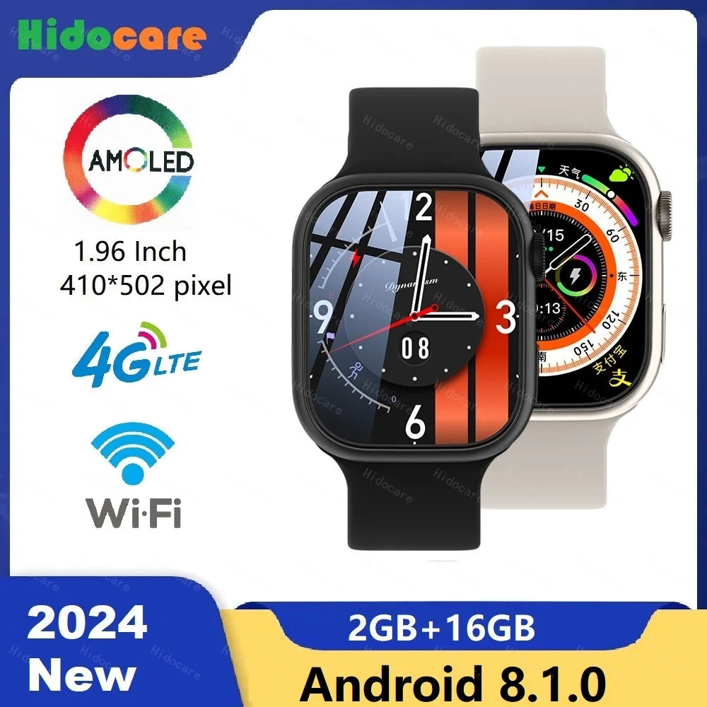 4G SIM Card Android Watch 1.96" Curved Screen AMOLED Men Woman Wifi GPS Connected Waterproof Clock Korean Polish Original 2024