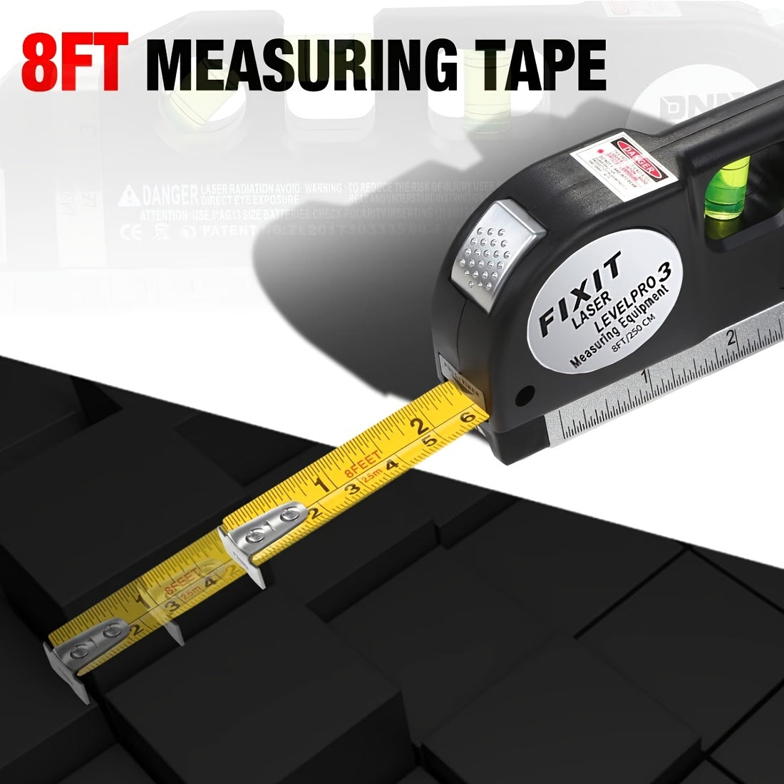 Black Laser Level, Multipurpose Cross Line Laser, 8 Feet Measure Tape Ruler Adjusted Standard And Metric Rulers For Hanging With Metal Tripod Stand - Digital Edges | Online Electronics Store