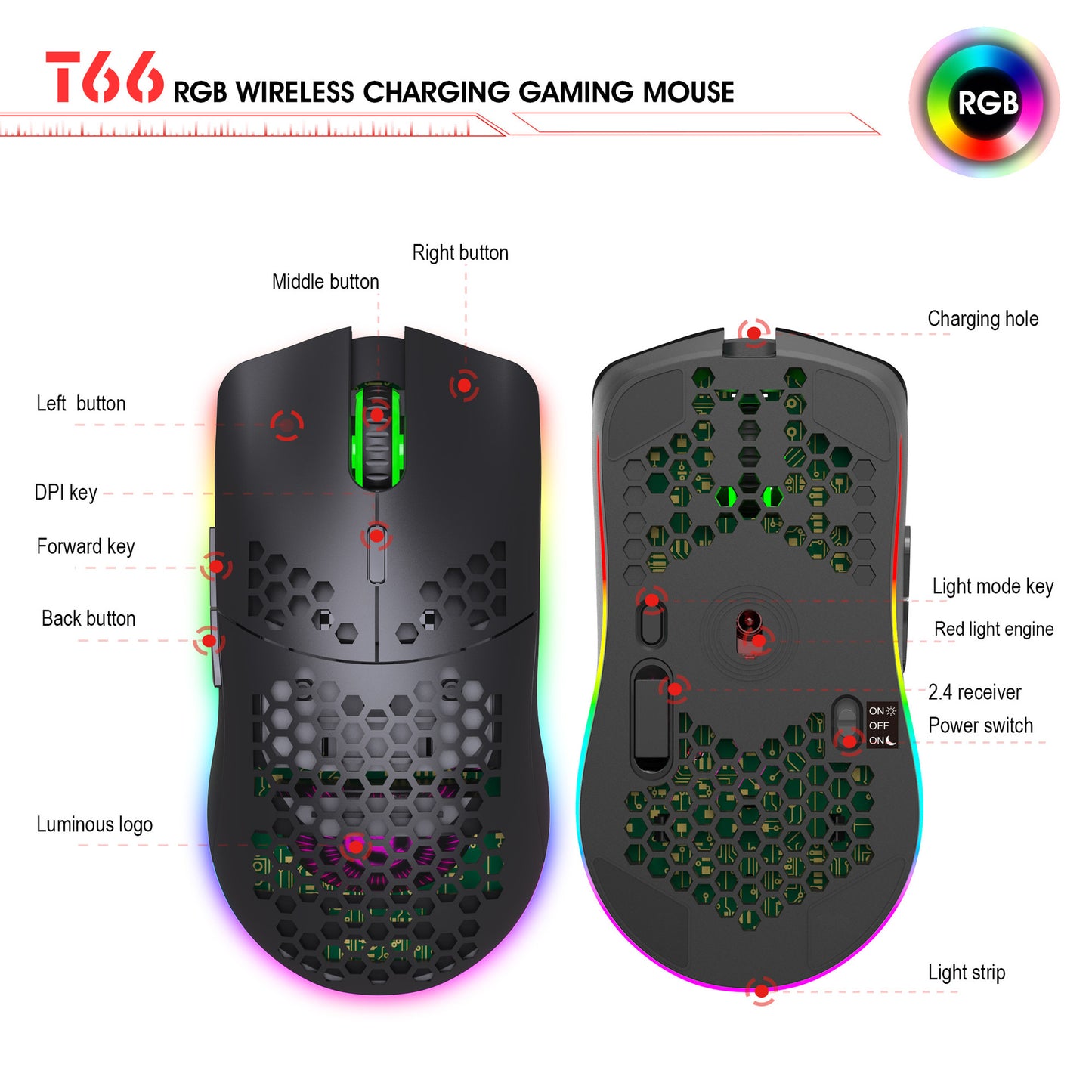 Lightweight hollow hole mouse RGB wireless 2.4G charging game light computer office mouse