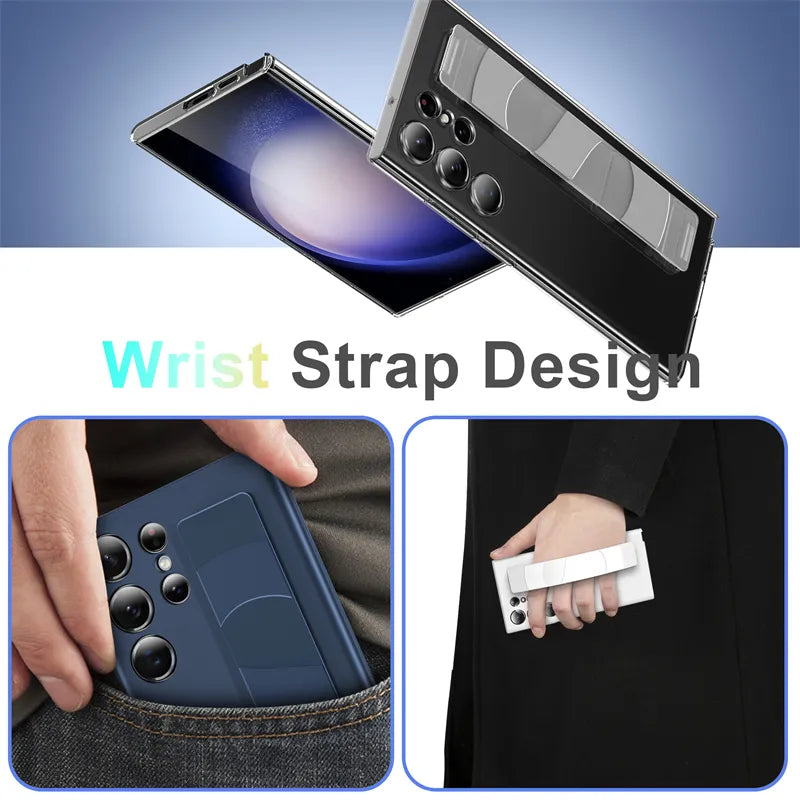 Luxury Silicone Elastic Wrist Strap Shockproof Phone Case For Samsung Galaxy S23 Ultra S23 Plus Matte Clear Thin Hard Back Cover - Digital Edges | Online Electronics Store