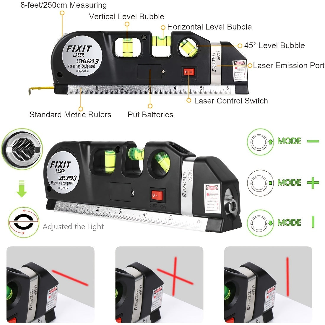 Black Laser Level, Multipurpose Cross Line Laser, 8 Feet Measure Tape Ruler Adjusted Standard And Metric Rulers For Hanging With Metal Tripod Stand - Digital Edges | Online Electronics Store