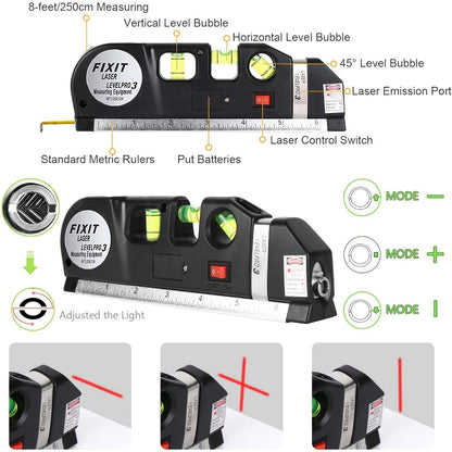 Black Laser Level, Multipurpose Cross Line Laser, 8 Feet Measure Tape Ruler Adjusted Standard And Metric Rulers For Hanging With Metal Tripod Stand - Digital Edges | Online Electronics Store